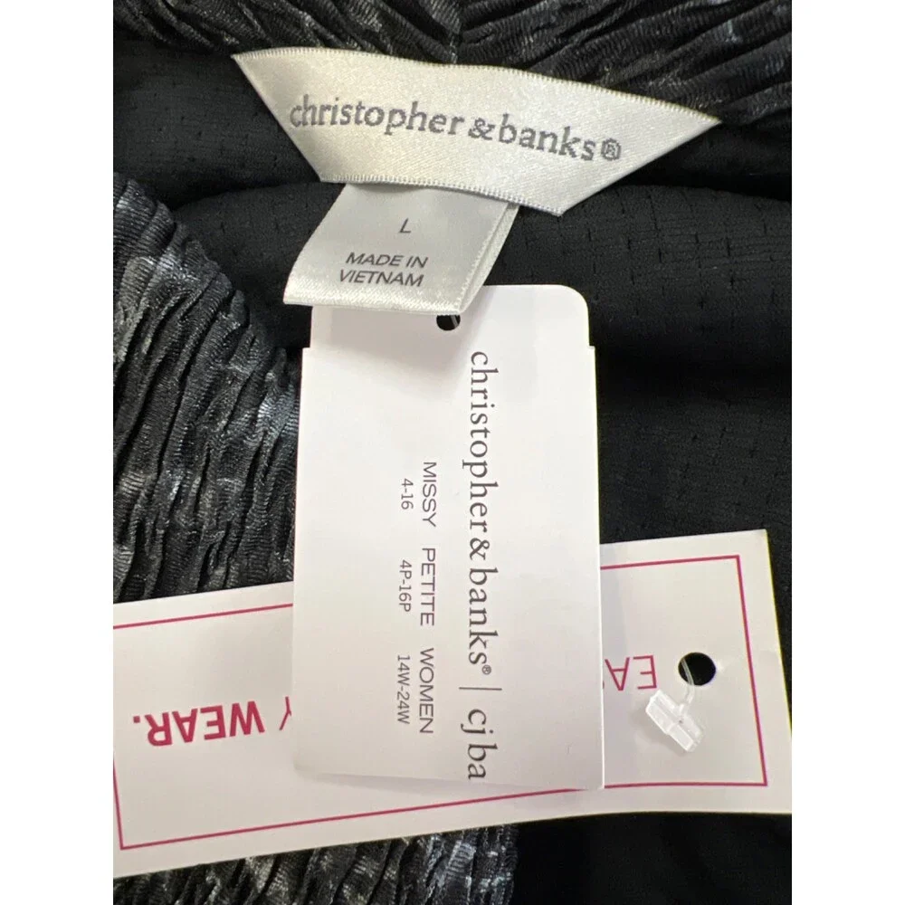 Christopher & Banks Women's Black Crinkle Metallic Open Front Cardigan - L